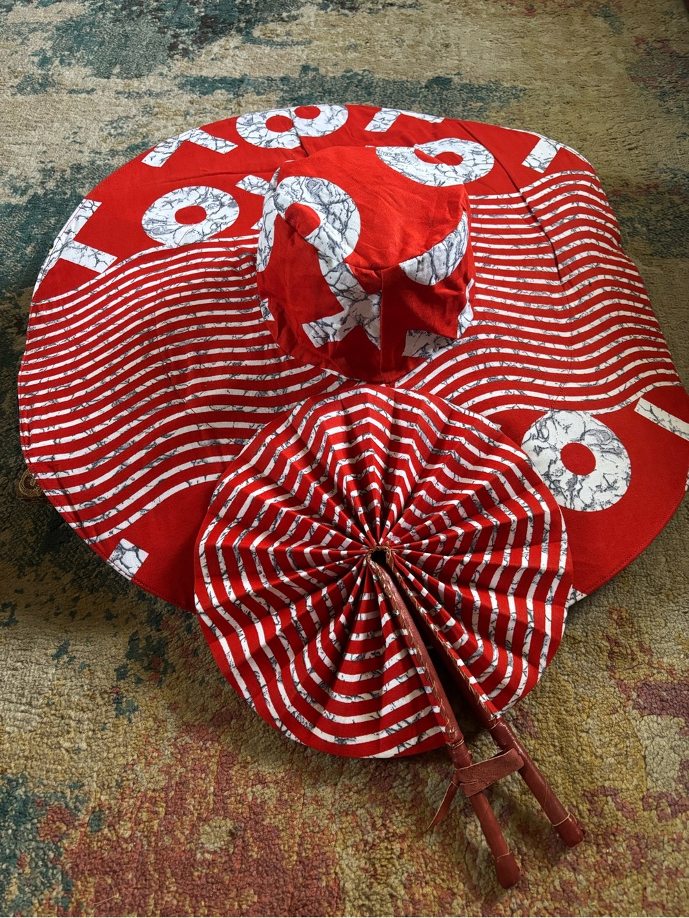 Ankara Red Wide-Brim Sun Hat with matching fan NWOT